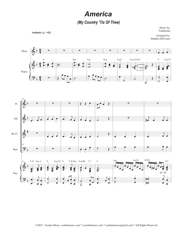 America (My Country, 'Tis of Thee) (Woodwind Quartet and Piano) (arr. Stephen DeCesare)