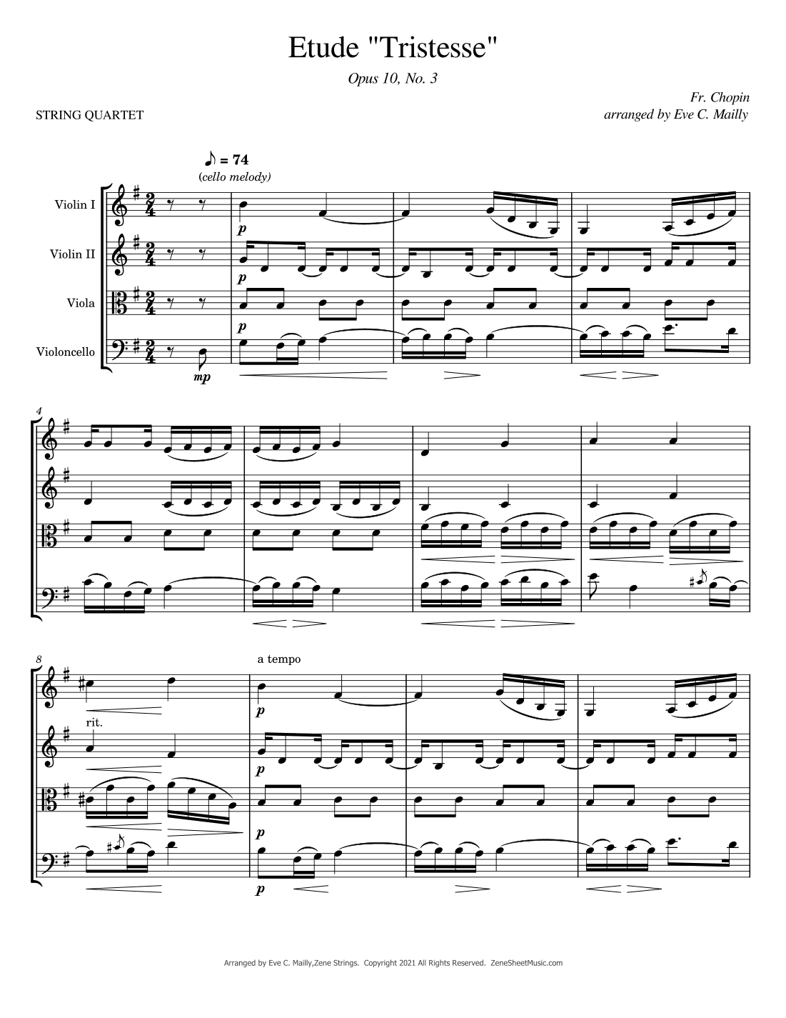 Etude "Tristesse" - Opus 10, No 3 (arr. Eve C. Mailly - Zene Strings)