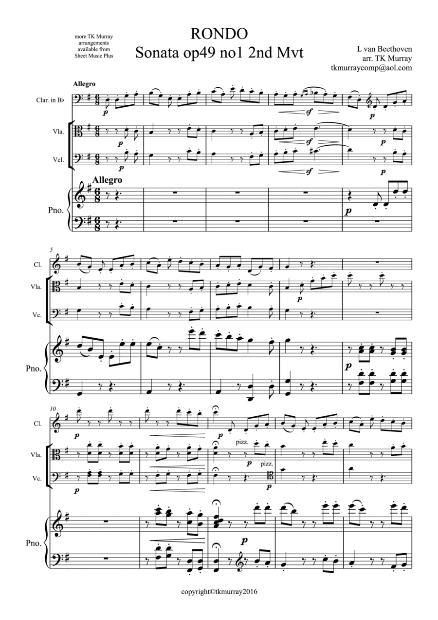 Beethoven - Rondo Op.49 - Clarinet Viola Cello  Piano, Piano Quartet (arr. TK Murray)