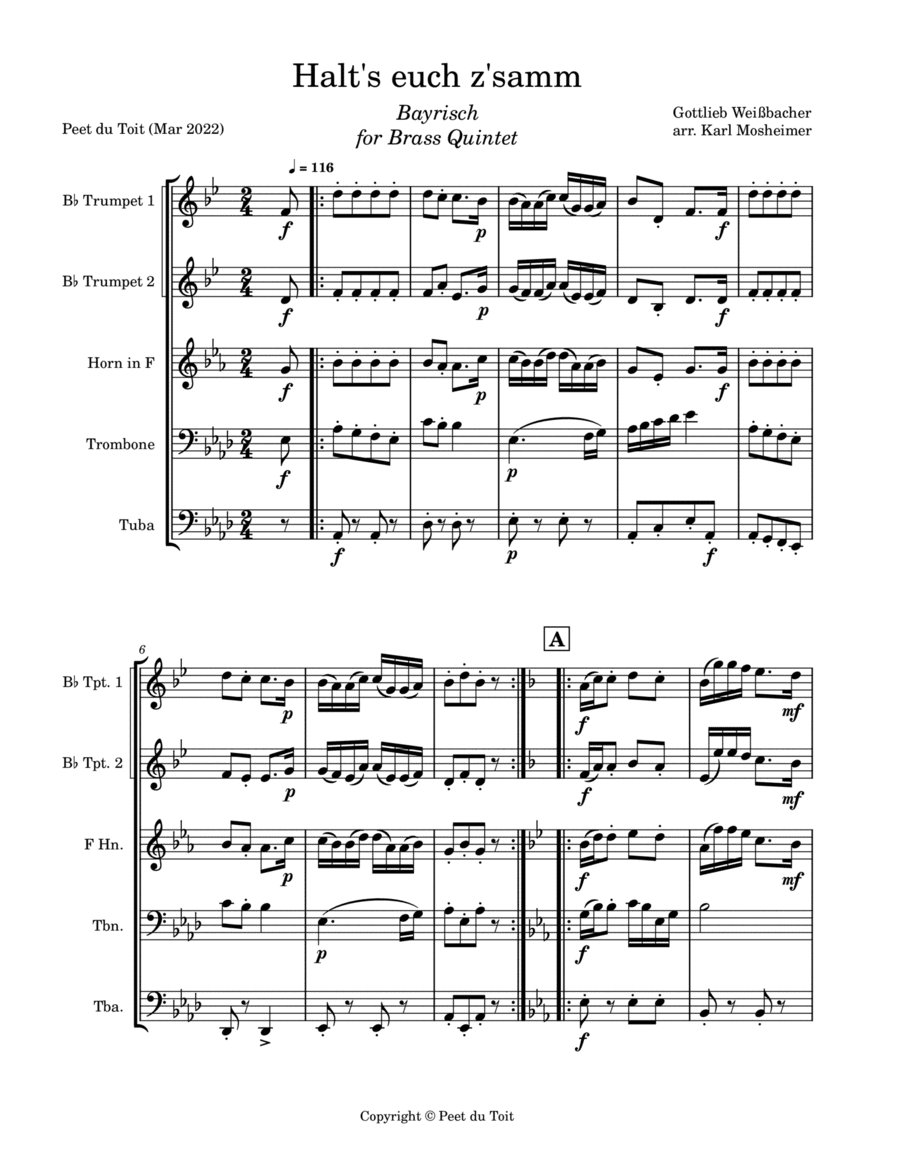 Halt's euch z'samm - Gottlieb Weißbacher arr. Karl Mosheimer (Brass Quintet) (arr. Karl Mosheimer & Peet du Toit)