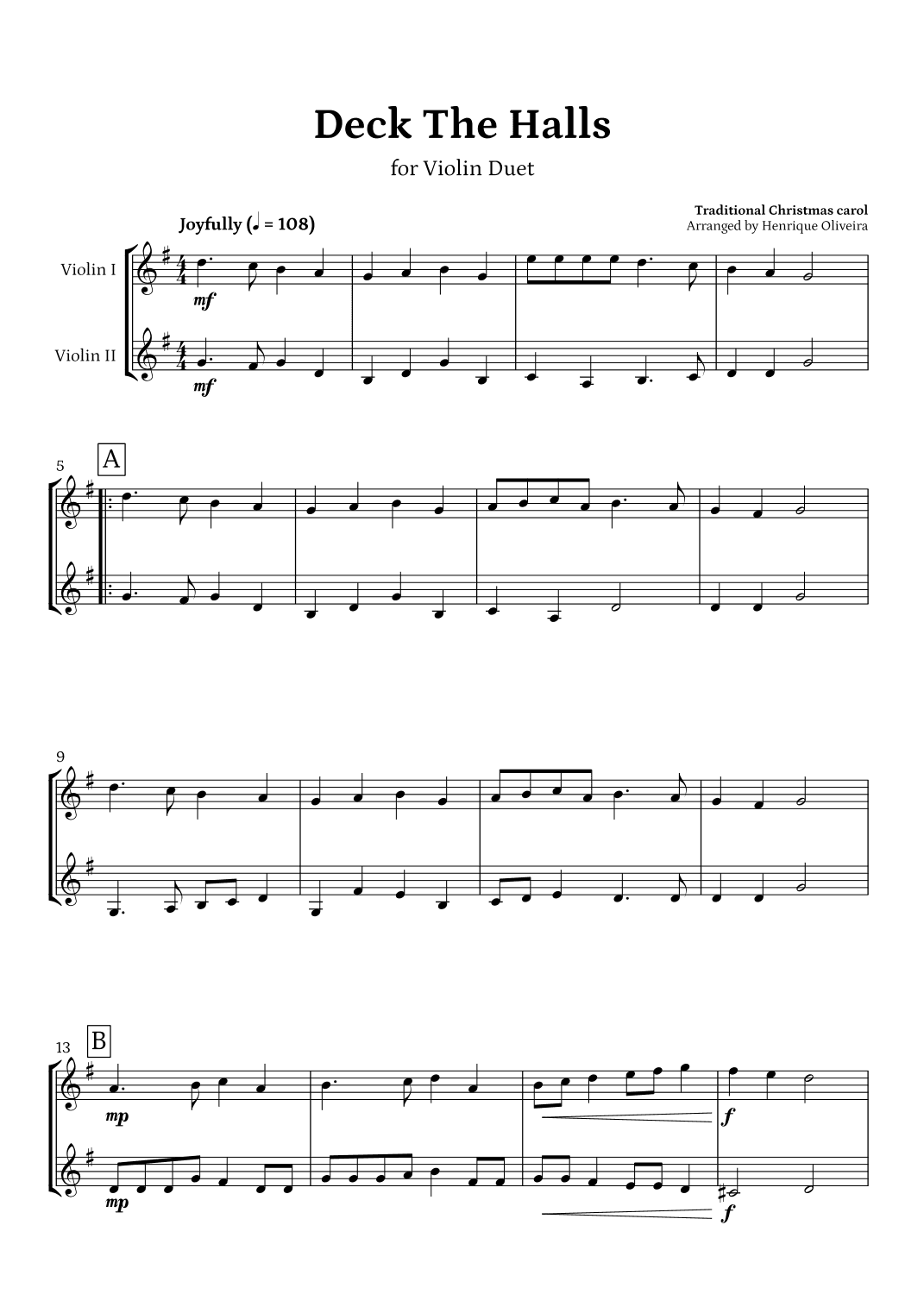 Deck The Halls (Violin Duet) | Christmas Carol (arr. Henrique Oliveira)