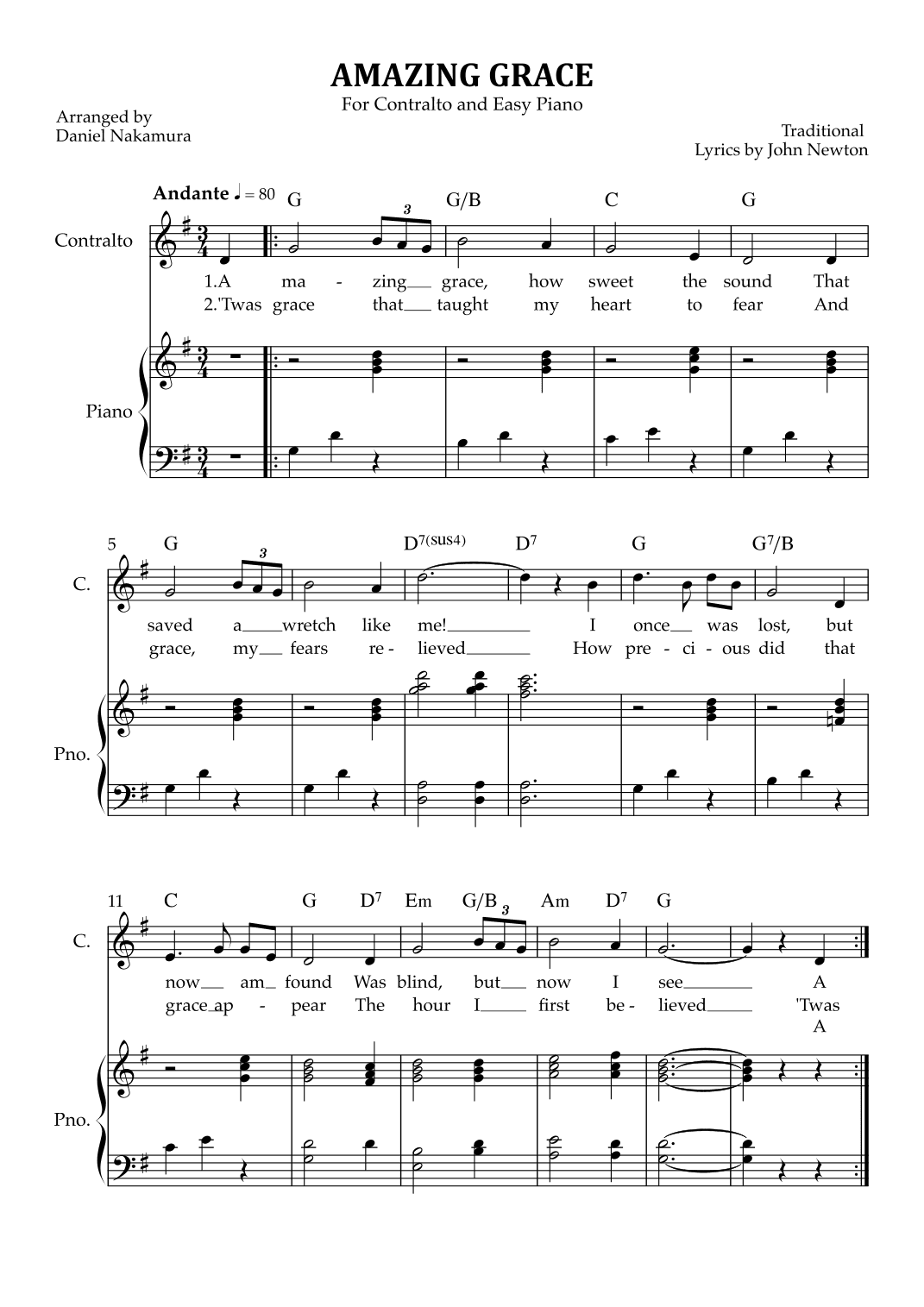 Amazing Grace (for contralto vocal with easy piano) (arr. Daniel Nakamura)