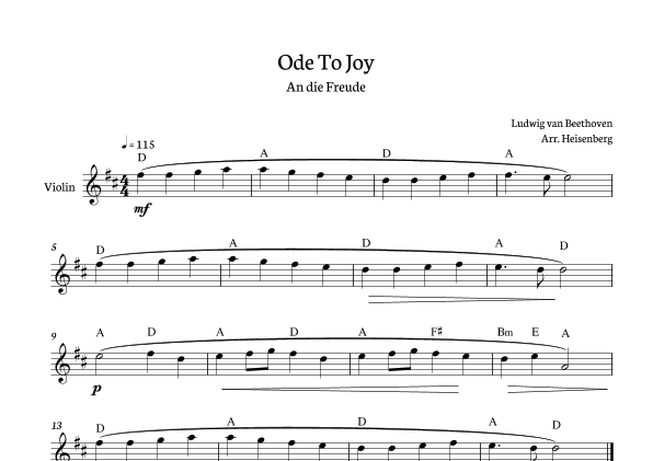 Beethoven - Ode to Joy for violin in D with chords. (arr. Heisenberg)