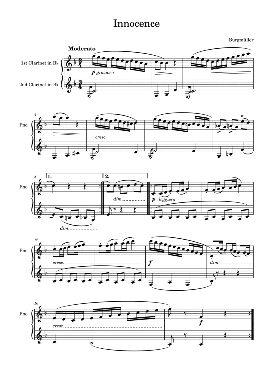 Burgmüller: Innocence for two clarinets (arr. Saho Omukai)