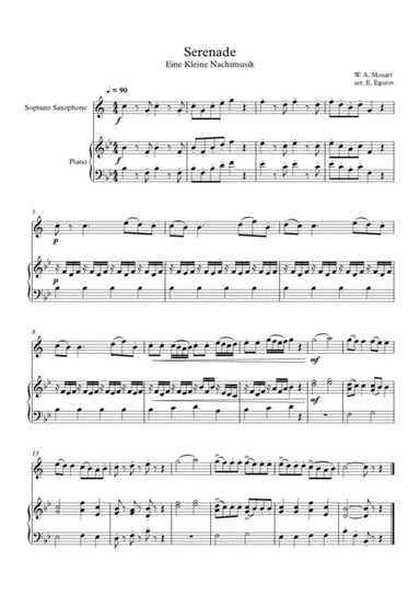 Serenade (Eine Kleine Nachtmusik), Wolfgang Amadeus Mozart, For Soprano Saxophone & Piano (arr. Eugene Egorov)