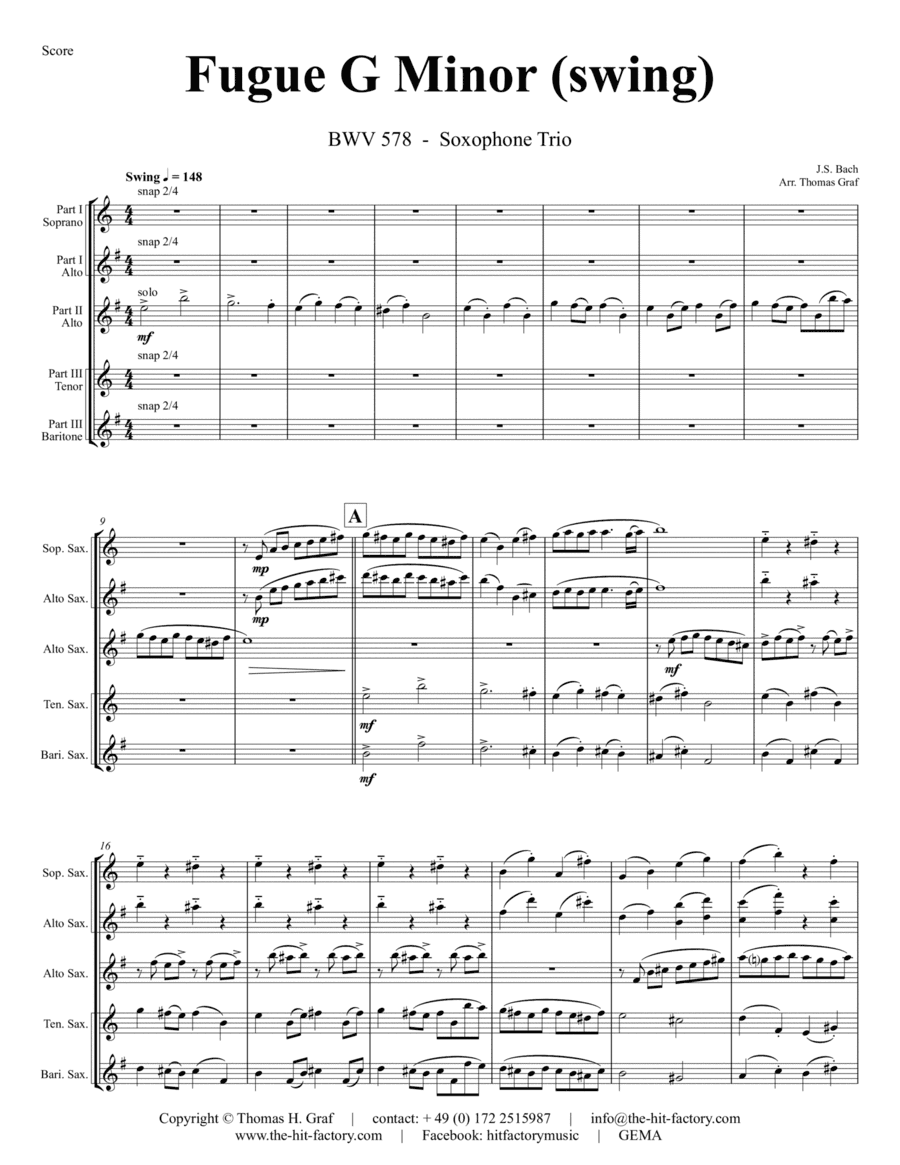 Fugue G Minor - (the 'little') - BWV 578 - Swing - Saxophone Trio (arr. Thomas Graf)