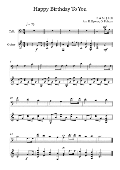 Happy Birthday To You, Patty & Mildred J. Hill, For Cello & Guitar