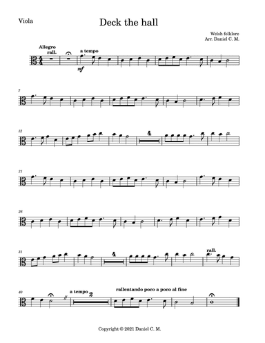 Deck the hall for viola and piano (easy) (arr. Daniel C. M.)