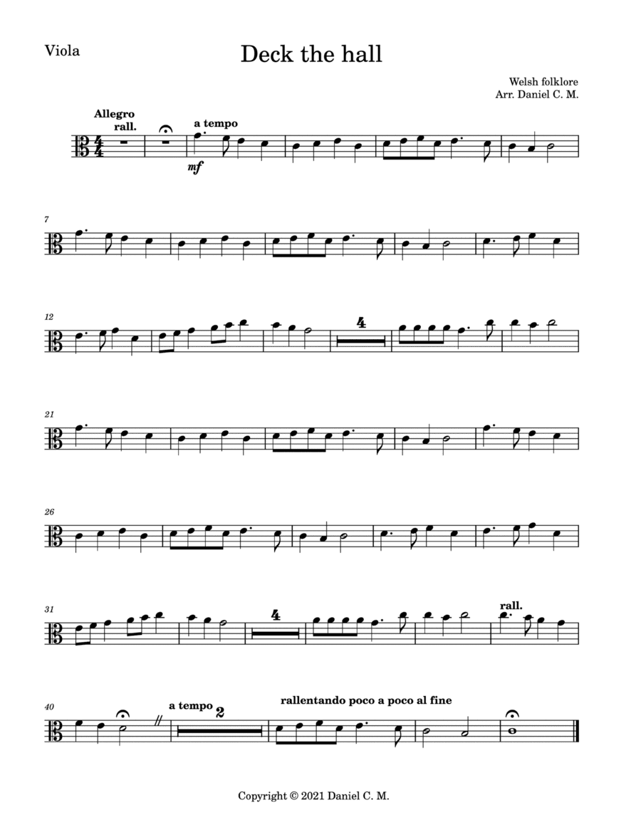 Deck the hall for viola and piano (easy) (arr. Daniel C. M.)