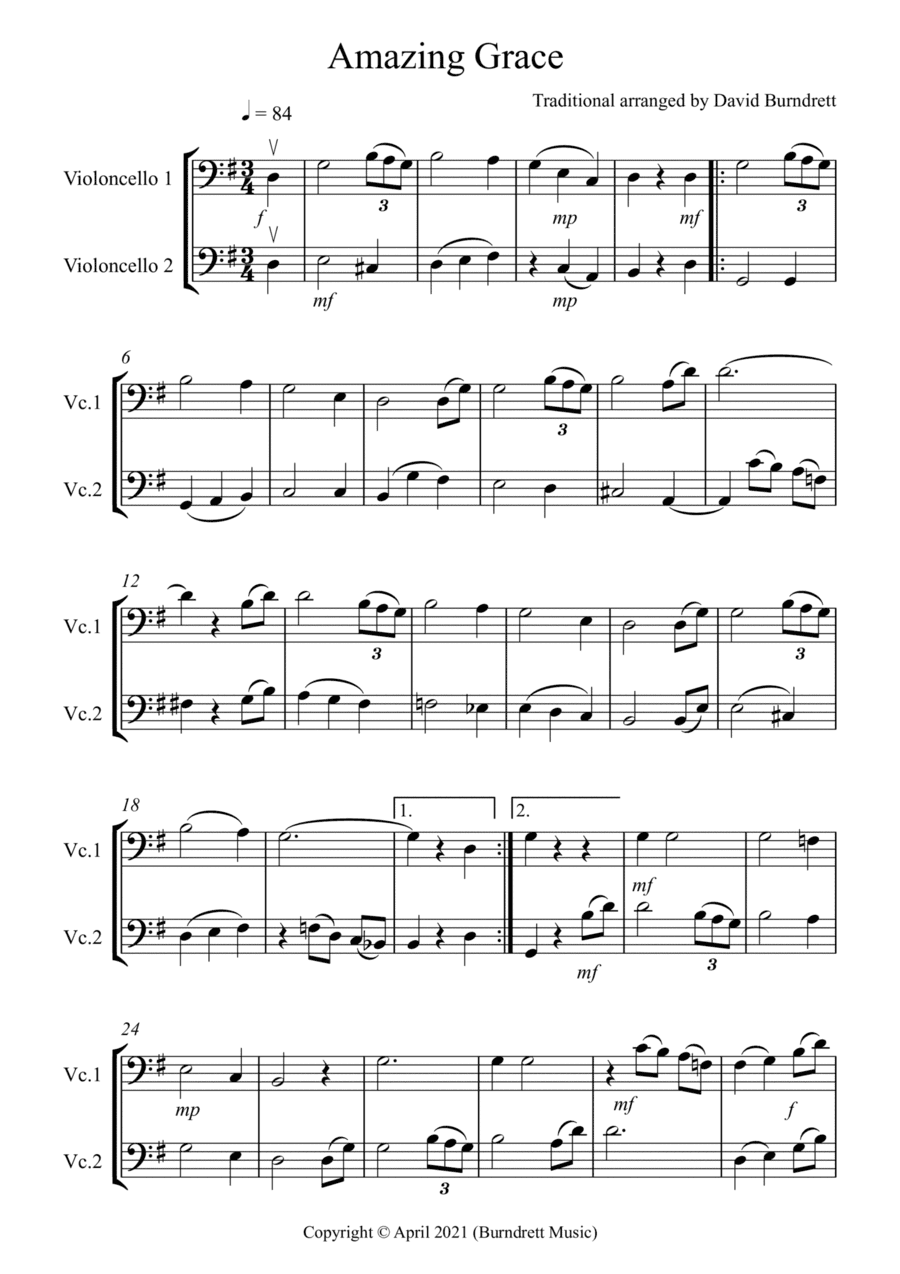 Amazing Grace for Cello Duet (arr. David Burndrett)