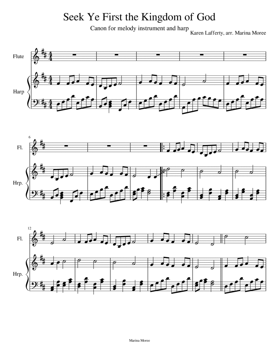 Seek Ye First the Kingdom of God, intermediate harp arrangement: solo or duet with melody instrument (arr. Marina Moree)