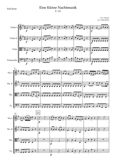 Eine kleine Nachtmusik (W.A. Mozart) for String Quartet (Simplified) (arr. Fabio Britto)