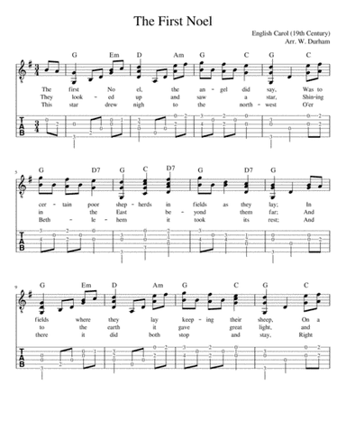 The First Noel - Christmas Carol for Fingerstyle Guitar -- Tab / Notation / Lyrics (arr. Big Bill Durham)