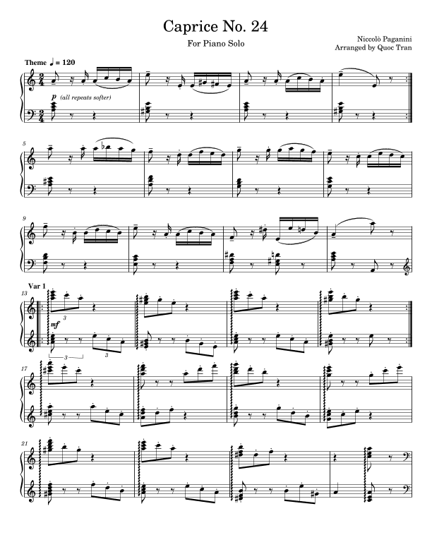 Paganini Caprice No. 24 - For Piano Solo (Intermediate) (arr. Quoc Tran)
