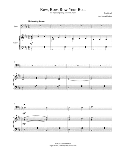 Row, Row, Row Your Boat - for beginning string bass with optional piano accompaniment (arr. Samuel Stokes)