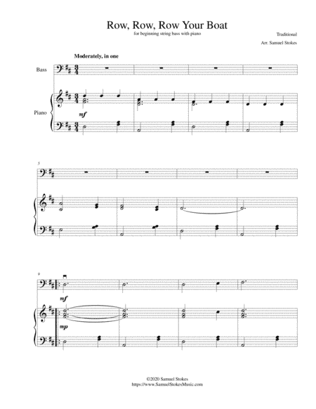 Row, Row, Row Your Boat - for beginning string bass with optional piano accompaniment (arr. Samuel Stokes)