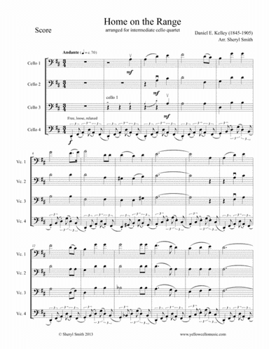 Home on the Range for Intermediate Cello Quartet (four cellos) (arr. Yellow Cello Music)