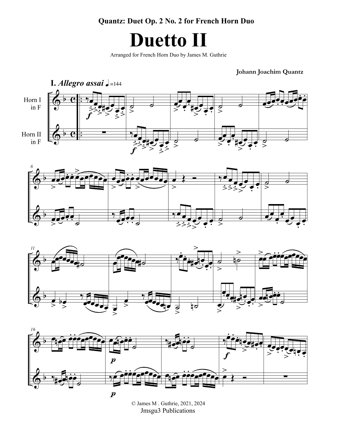 Quantz: Duetto Op. 2 No. 2 for French Horn Duo (arr. James M. Guthrie)