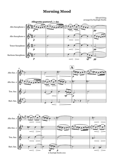 Morning Mood by Edvard Grieg - Saxophone quartet (AATB) (arr. Kayleigh Huelin)