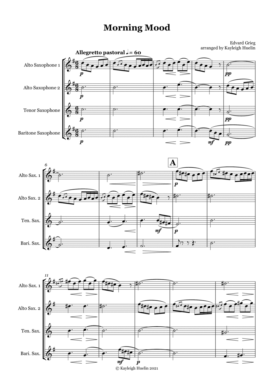 Morning Mood by Edvard Grieg - Saxophone quartet (AATB) (arr. Kayleigh Huelin)