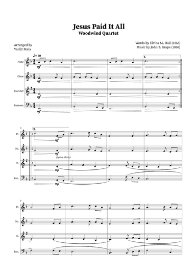 Jesus Paid It All - Woodwind Quartet (arr. Valdir Maia)
