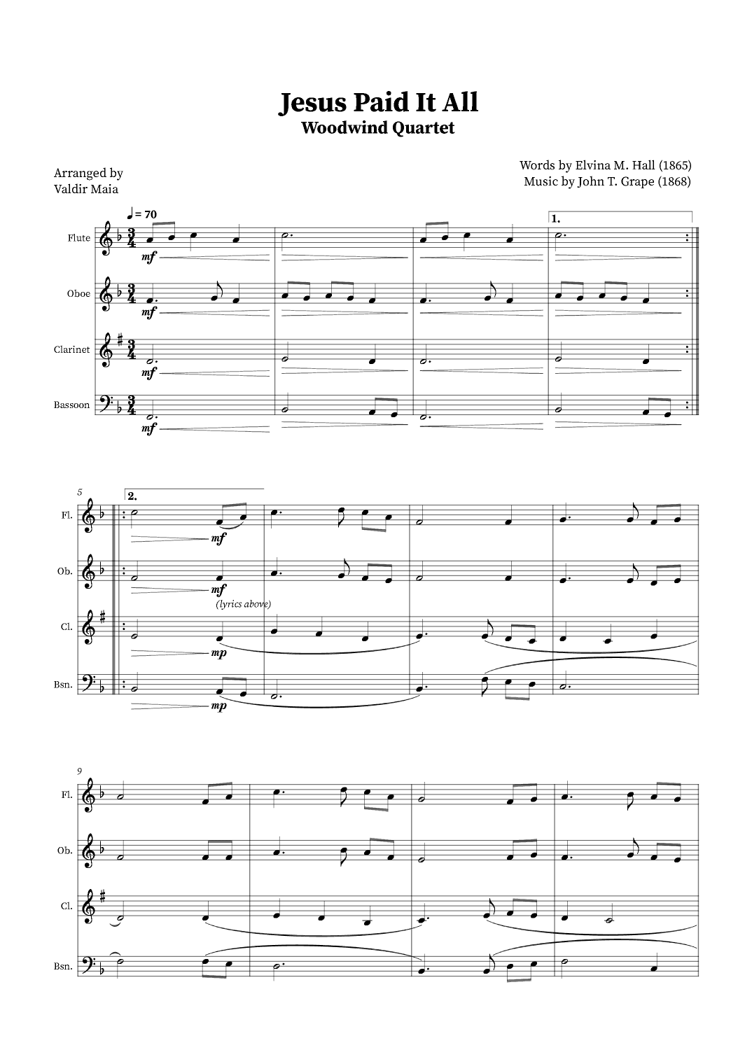 Jesus Paid It All - Woodwind Quartet (arr. Valdir Maia)