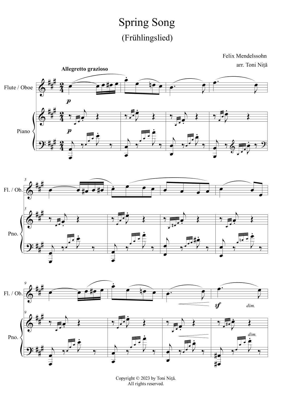 Felix Mendelssohn - Spring Song (for Flute or Oboe & Piano) (arr. Toni Nita)
