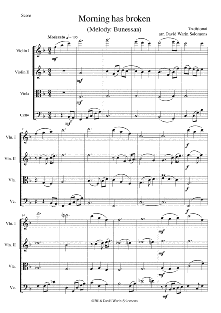 Variations on Morning has broken (Bunessan) for string quartet (arr. David Warin Solomons)