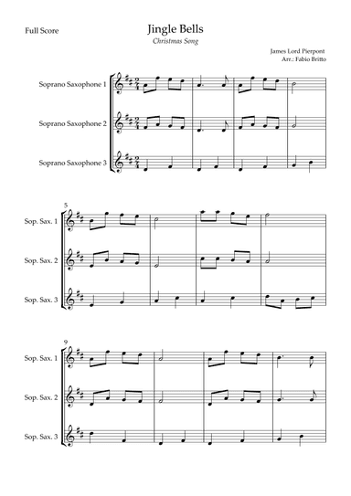 Jingle Bells (Christmas Song) for Soprano Saxophone Trio (arr. Fabio Britto)