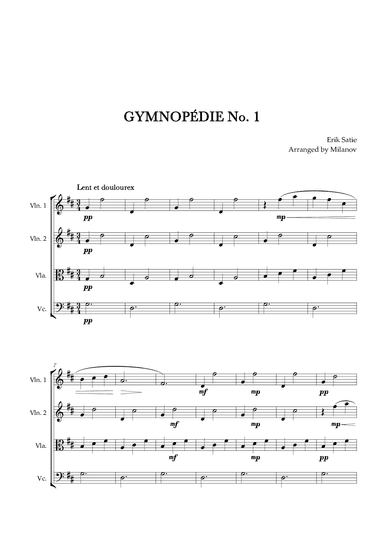 Gymnopédie no 1 | String Quartet | Original Key |Easy intermediate (arr. Milanov)