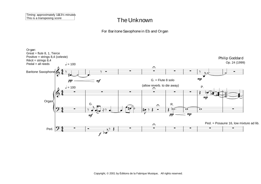 The Unknown for baritone saxophone and organ