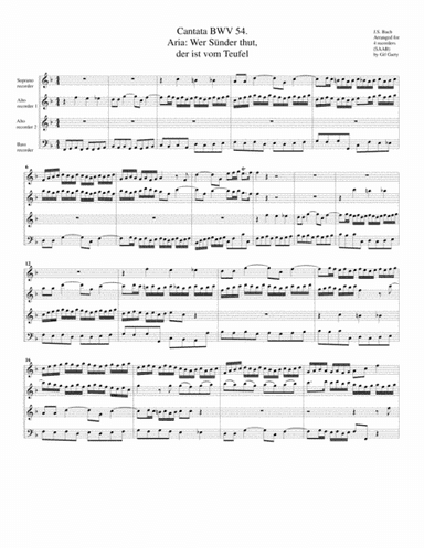 Aria: Wer Sünder thut, der ist vom Teufel from cantata BWV 54 (arrangement for 4 recorders) (arr. Gil Garty)