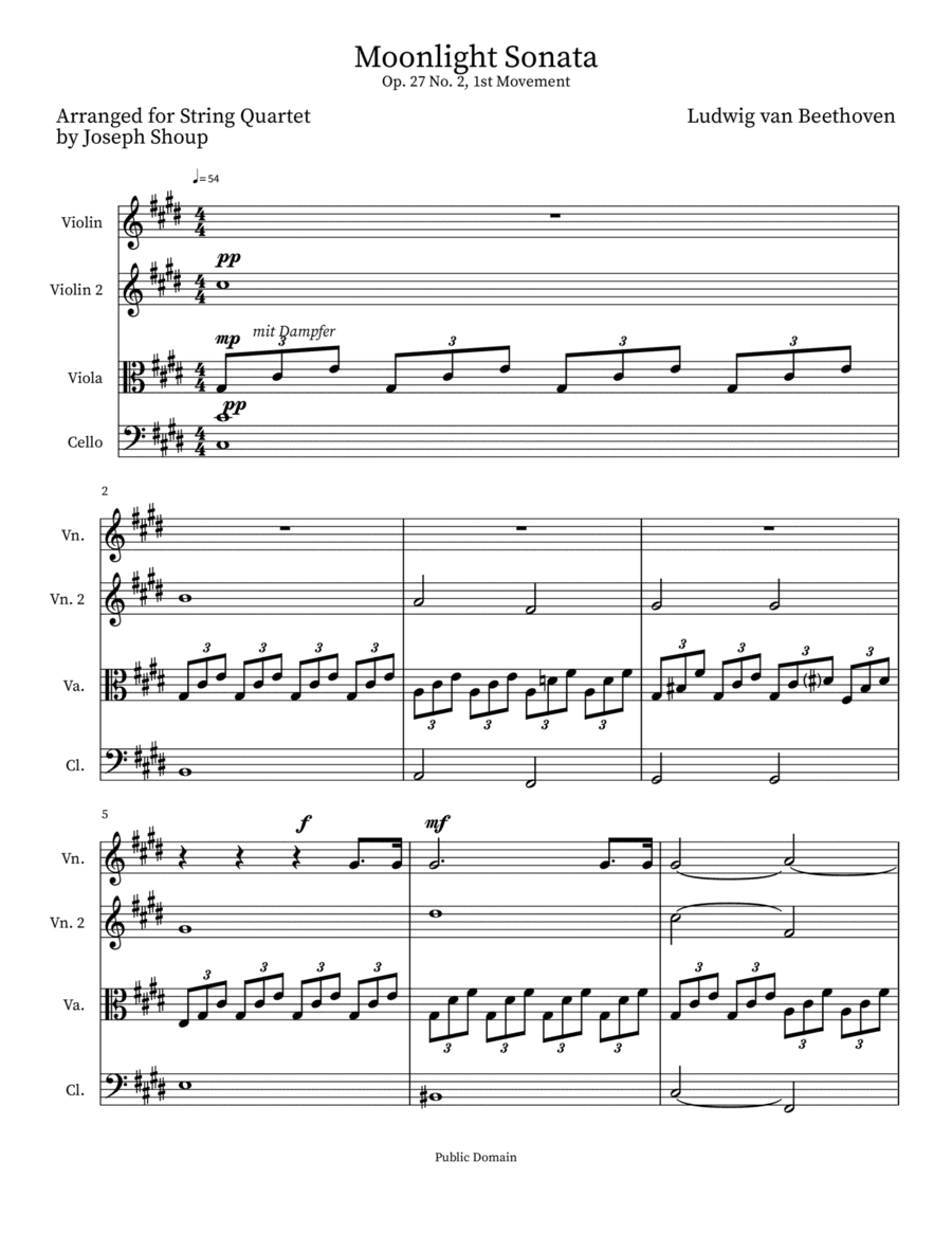 Op. 27 "Moonlight Sonata", Movement 1 for String Quartet (arr. Joseph Shoup)