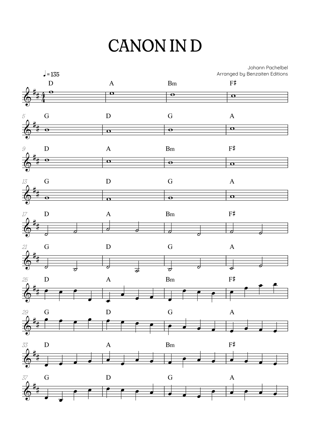 Pachelbel Canon in D • violin sheet music with chords (arr. Benzaiten Editions)