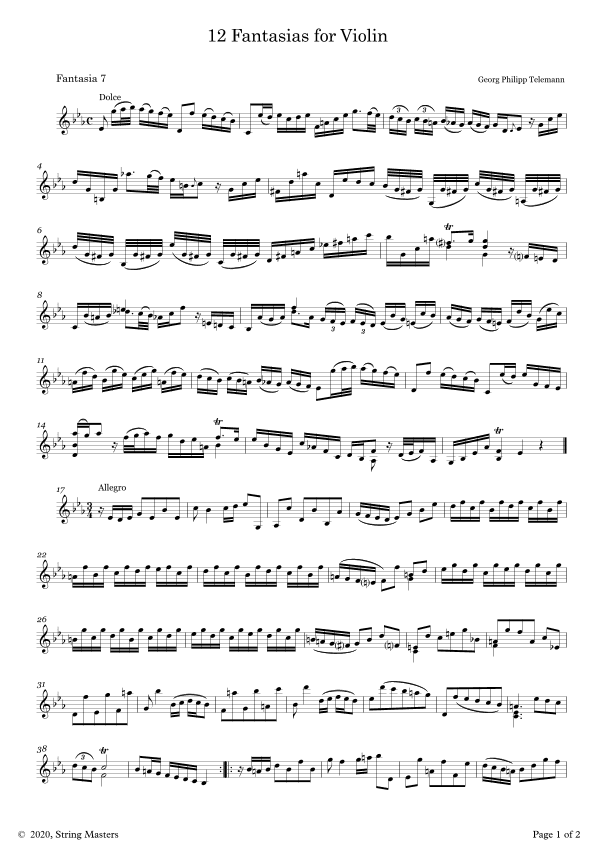 Telemann 12 Fantasias for Solo Violin, No 07 (arr. String Masters)