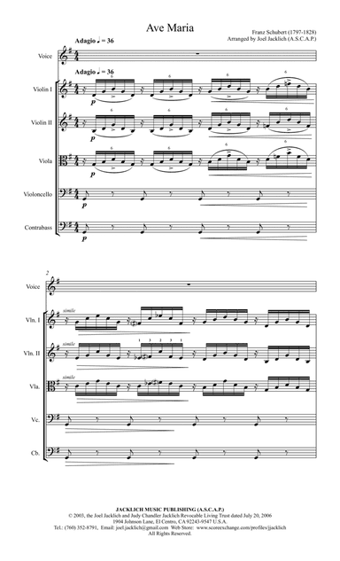 Ave Maria (Schubert) Key of G, for Voice with String Orchestra or String Quartet Accompaniment (arr. Joel Jacklich (ASCAP))