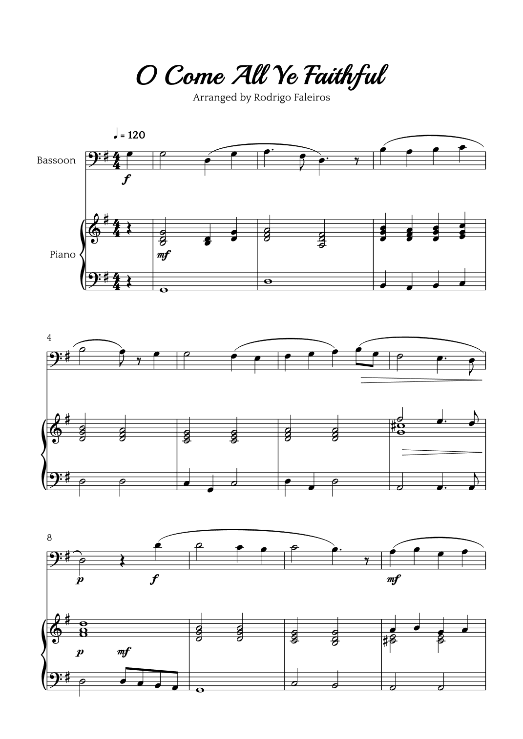 O Come All Ye Faithful (for bassoon and piano accompaniment) (arr. Rodrigo Faleiros)