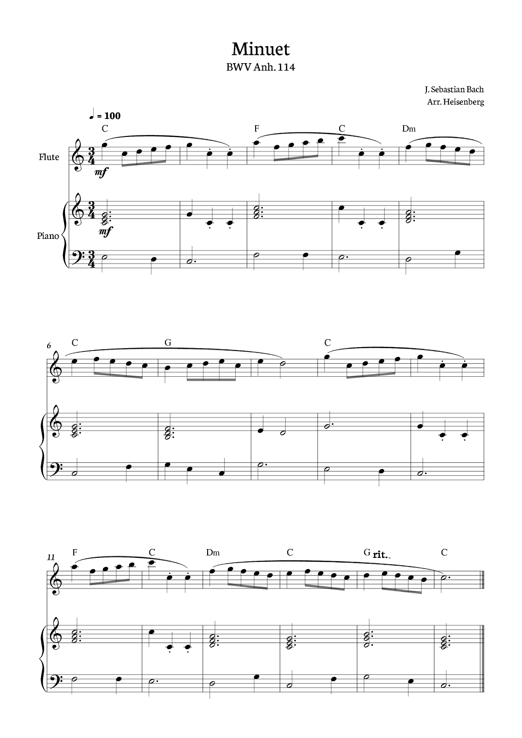 Bach - Minuet for Flute solo with piano. (arr. Heisenberg)