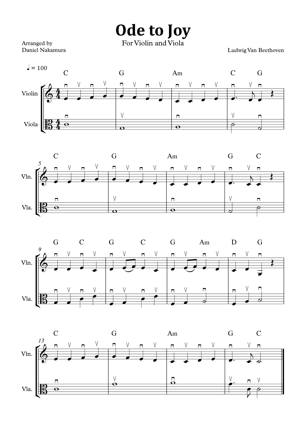 Ode to Joy (Easy Violin and Viola) (arr. Daniel Nakamura)