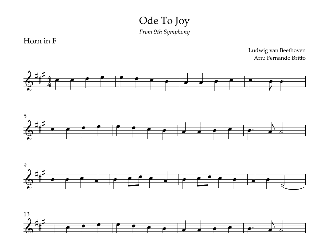 Ode To Joy Theme (from Beethoven's 9th Symphony) for Horn in F Solo (arr. Fernando Britto)