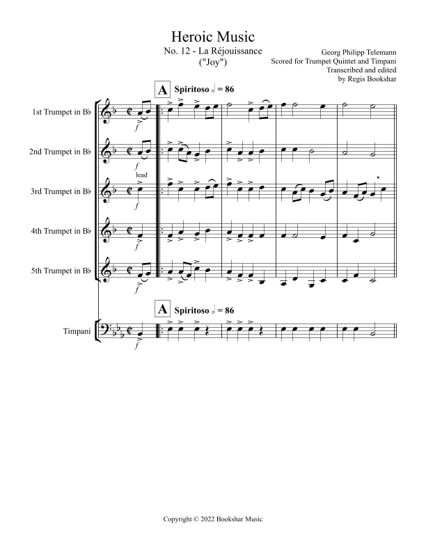 Heroic Music - No. 12. La Rejouissance (Eb) (Trumpet Quintet, Timp) (arr. Regis Bookshar)