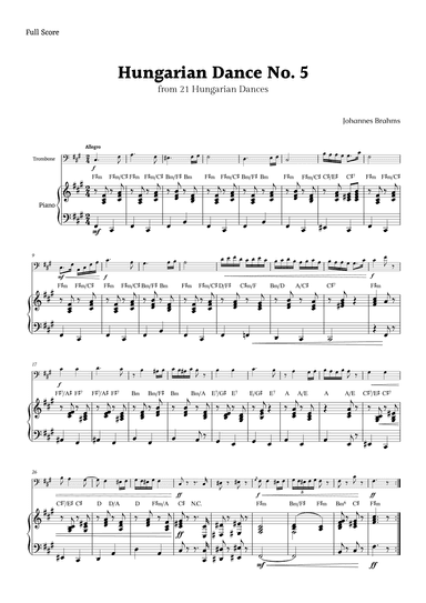 Hungarian Dance No. 5 by Brahms for Trombone and Piano with Chords (arr. Rika K.)