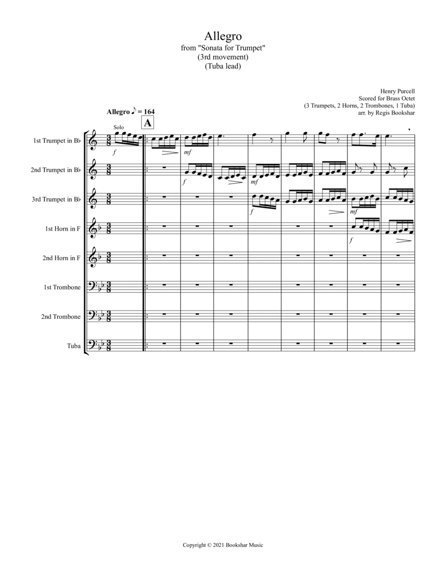 Allegro (from "Sonata for Trumpet") (Bb) (Brass Octet - 3 Trp, 2 Hrn, 2 Trb, 1 Tuba) (Tuba lead) (arr. Regis Bookshar)