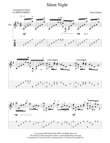 "Silent Night" for solo classical fingerstyle guitar (+ TAB) (arr. Keith W. Gehle)
