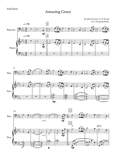 Amazing Grace (John Newton, E. O. Excell) for Bassoon Solo and Piano Accompaniment with Chords (arr. Fernando Britto)