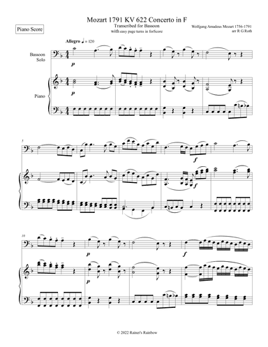 Mozart 1791 KV 622 Bassoon Concerto in F with Piano Score and Part (arr. R G Roth)