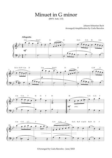 Minuet in G minor BWV anh 115 (Bach) Piano and chords (arr. Cadu Barcelos)
