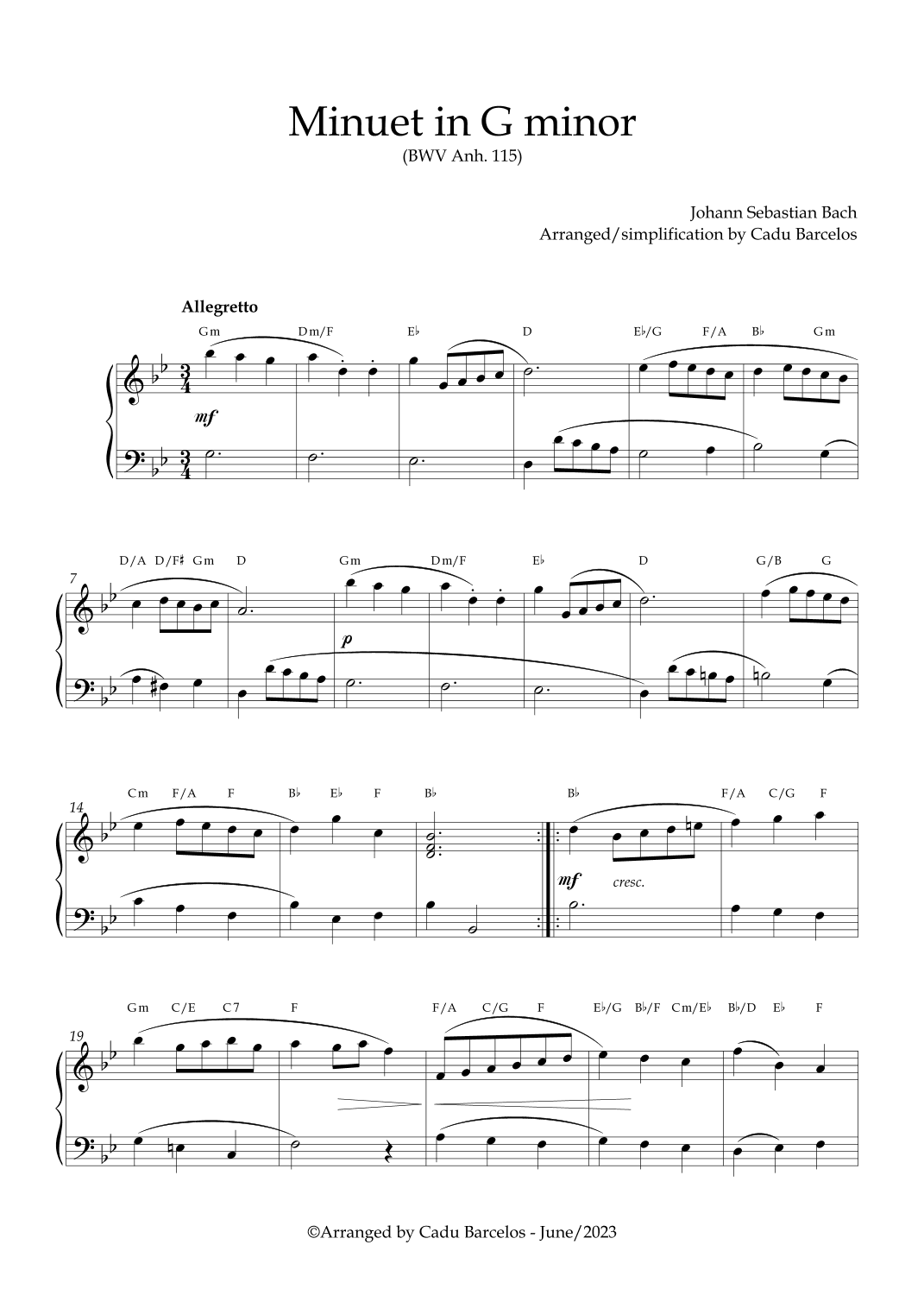 Minuet in G minor BWV anh 115 (Bach) Piano and chords (arr. Cadu Barcelos)