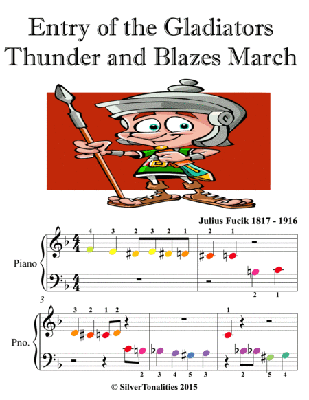 Entry of the Gladiators Thunder and Blazes March Beginner Piano Sheet Music with Colored Notes (arr. SilverTonalities)