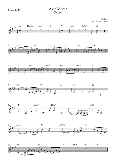 Ave Maria (Gounod) for Horn in F Solo with Chords (D Major) (arr. Fernando Britto)